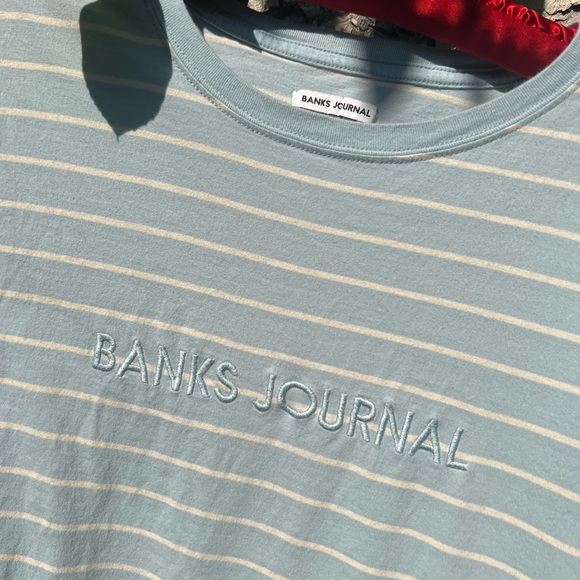 Banks Journal Embroidered Logo Blue & White Stripe T-Shirt | Soft Organic Cotton - Picture 8 of 12